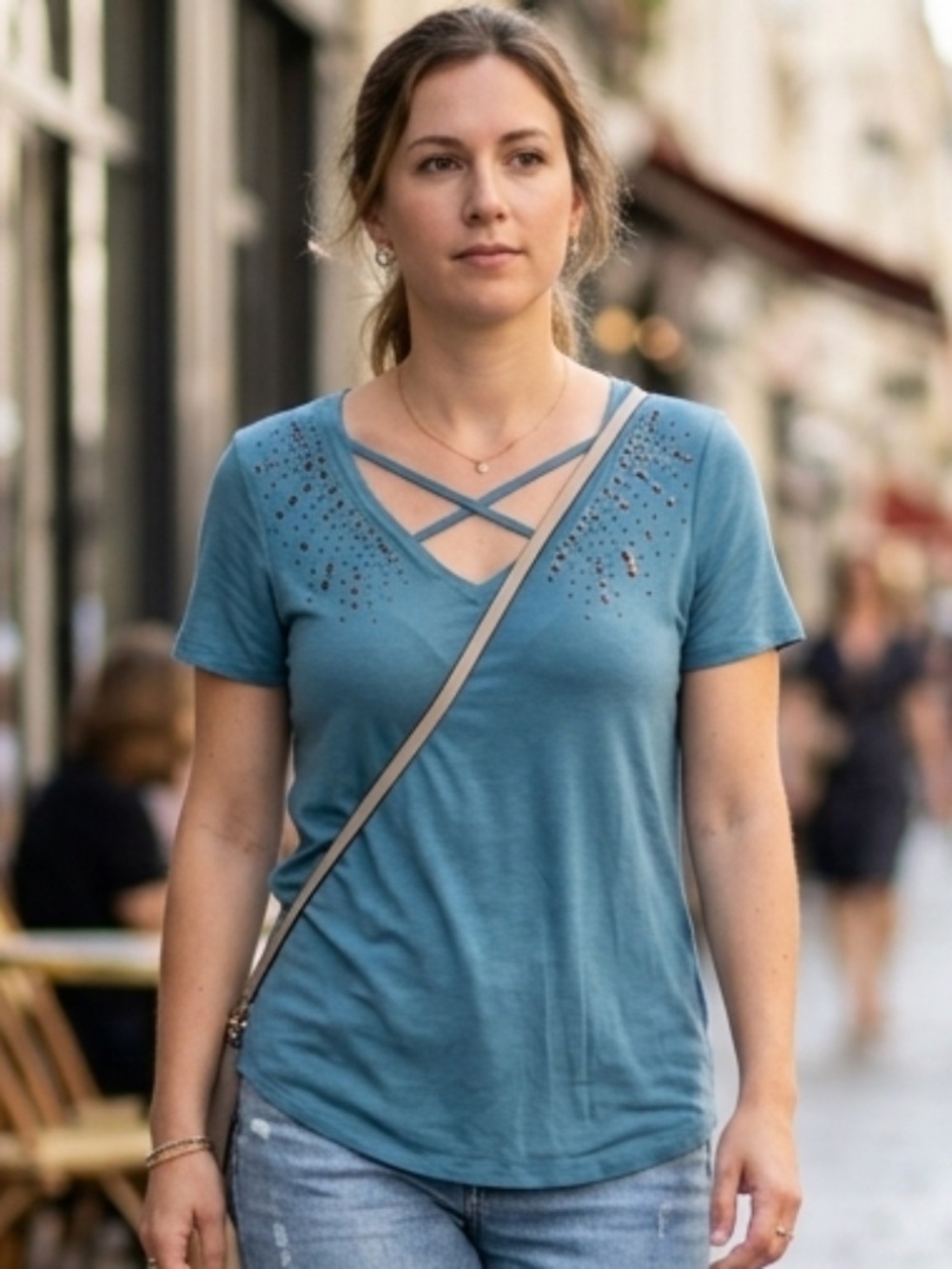 Rock & Republic Contemporary Teal Women's Studded Top- Size M